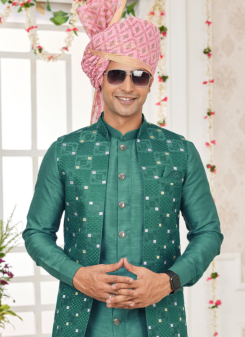 Art Banarasi Silk Green Wedding Wear Pattern Work Readymade Indo Weartern Sherwani 357961