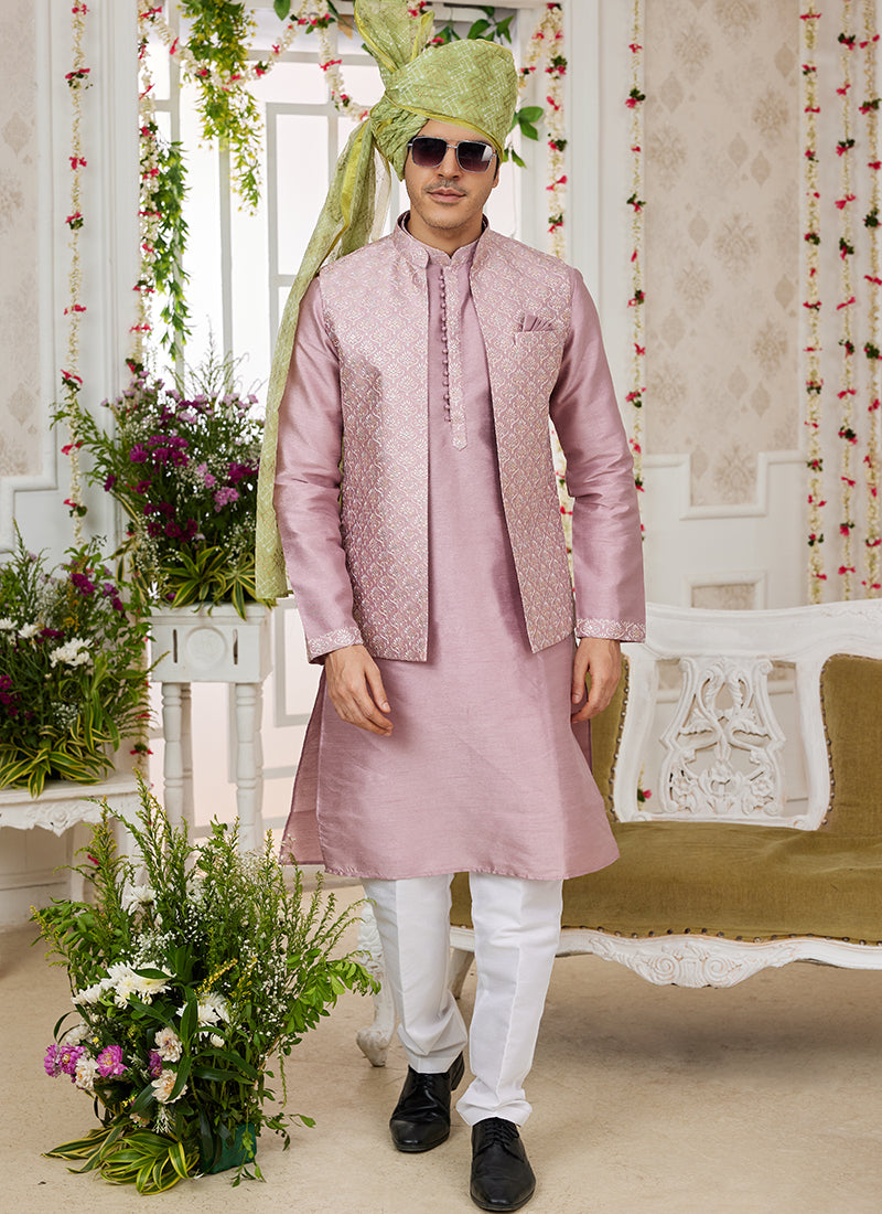 Art Banarasi Silk Onion Wedding Wear Pattern Work Readymade Indo Weartern Sherwani 357962