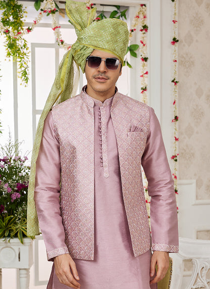 Art Banarasi Silk Onion Wedding Wear Pattern Work Readymade Indo Weartern Sherwani 357962