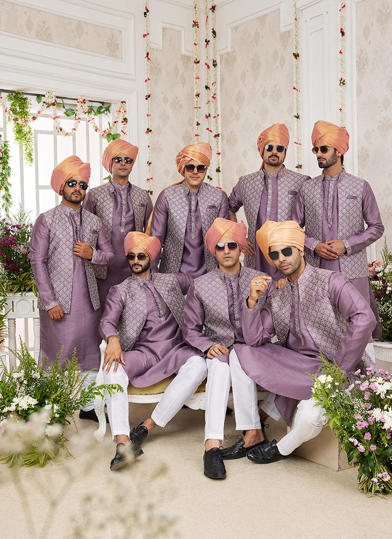 Art Banarasi Silk Dark Onion Wedding Wear Pattern Work Readymade Indo Weartern Sherwani 357963