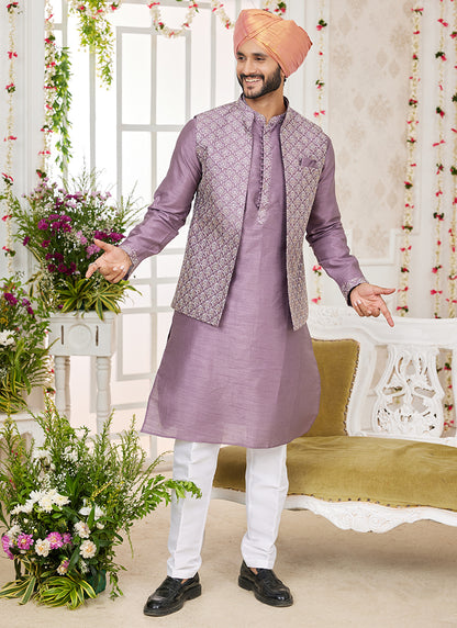 Art Banarasi Silk Dark Onion Wedding Wear Pattern Work Readymade Indo Weartern Sherwani 357963