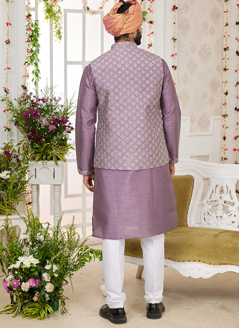 Art Banarasi Silk Dark Onion Wedding Wear Pattern Work Readymade Indo Weartern Sherwani 357963