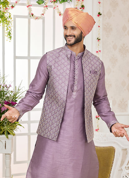 Art Banarasi Silk Dark Onion Wedding Wear Pattern Work Readymade Indo Weartern Sherwani 357963
