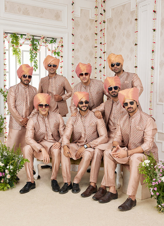 Art Banarasi Silk Dark Vanilla Wedding Wear Pattern Work Readymade Indo Weartern Sherwani 357964