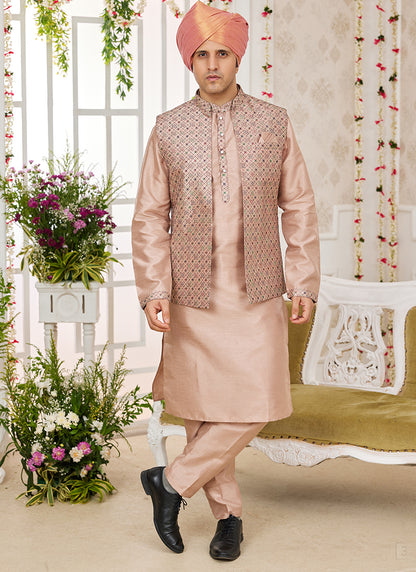 Art Banarasi Silk Dark Vanilla Wedding Wear Pattern Work Readymade Indo Weartern Sherwani 357964