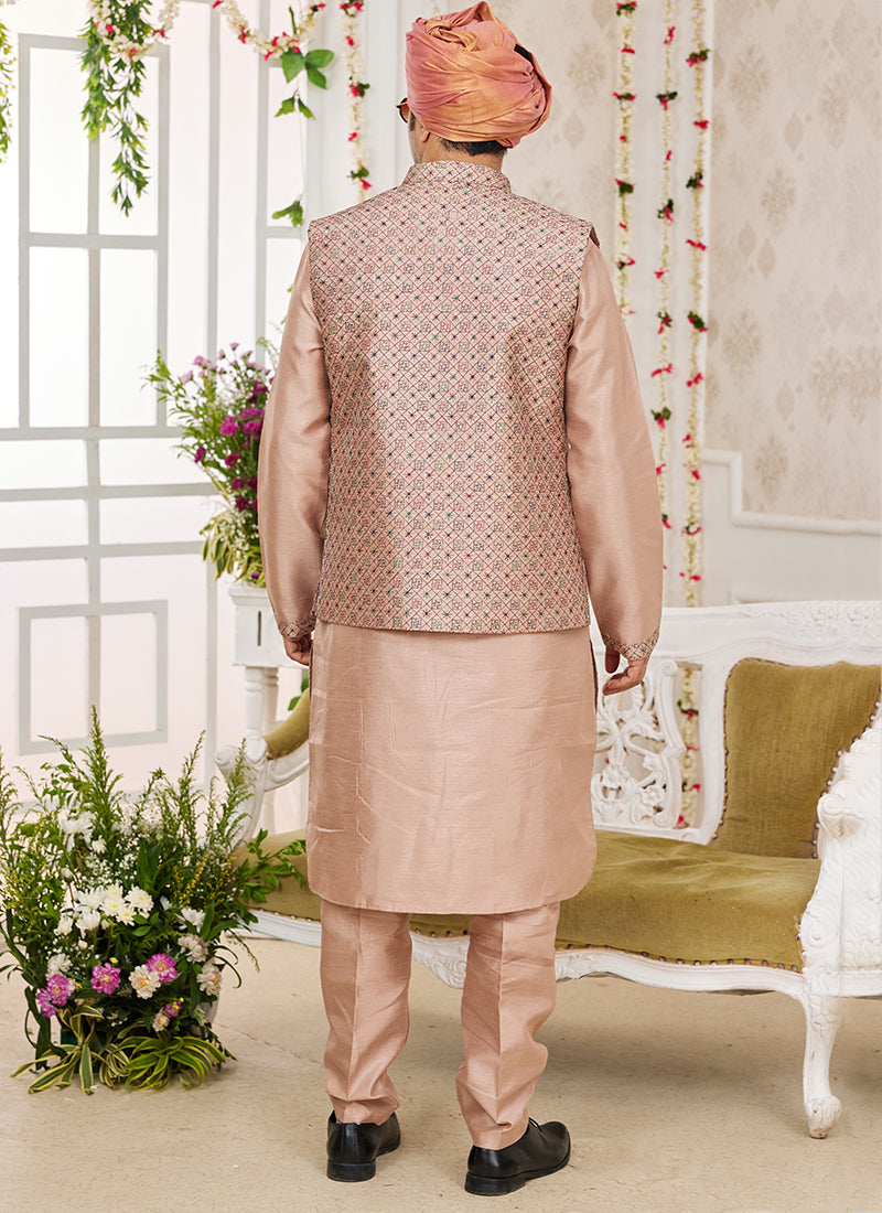 Art Banarasi Silk Dark Vanilla Wedding Wear Pattern Work Readymade Indo Weartern Sherwani 357964