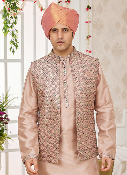 Art Banarasi Silk Dark Vanilla Wedding Wear Pattern Work Readymade Indo Weartern Sherwani 357964