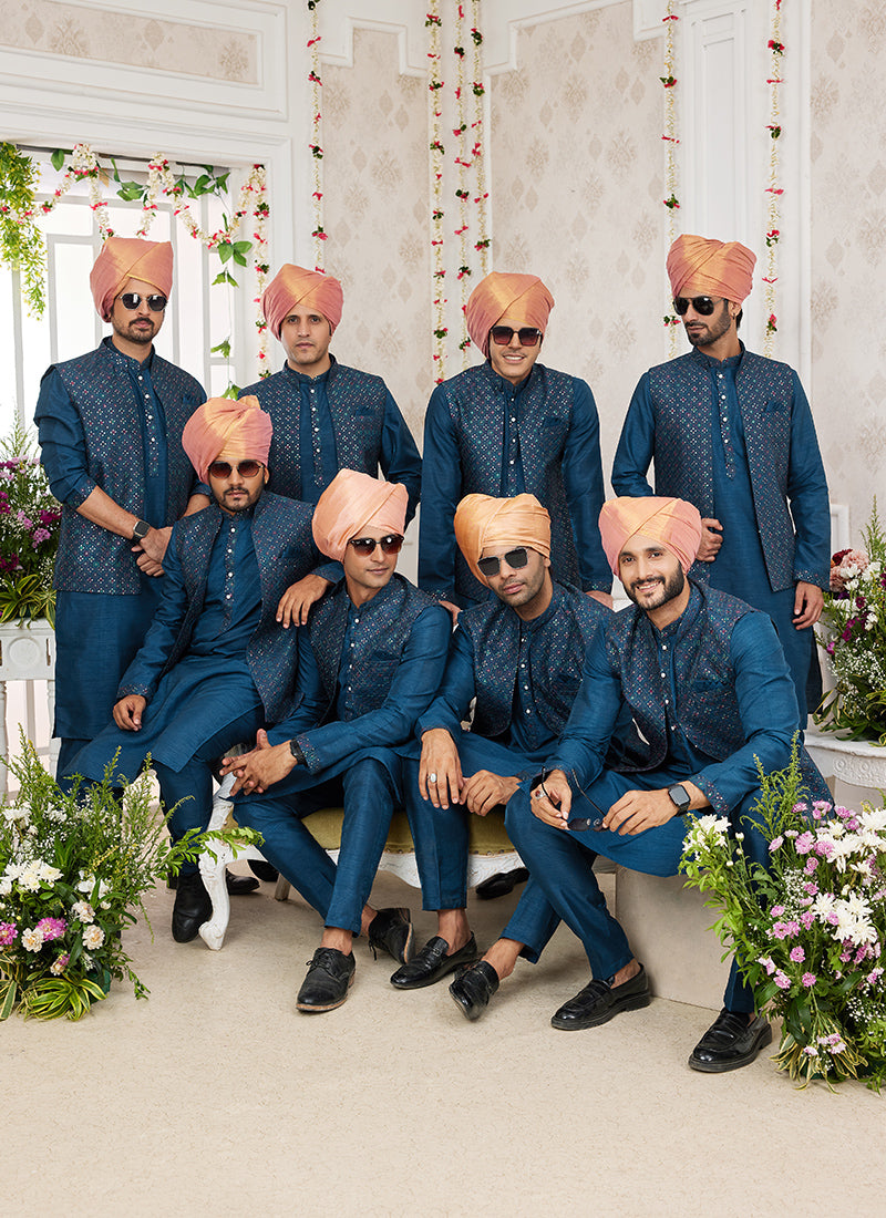 Art Banarasi Silk Blue Wedding Wear Pattern Work Readymade Indo Weartern Sherwani 357965