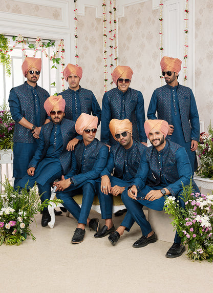 Art Banarasi Silk Blue Wedding Wear Pattern Work Readymade Indo Weartern Sherwani 357965