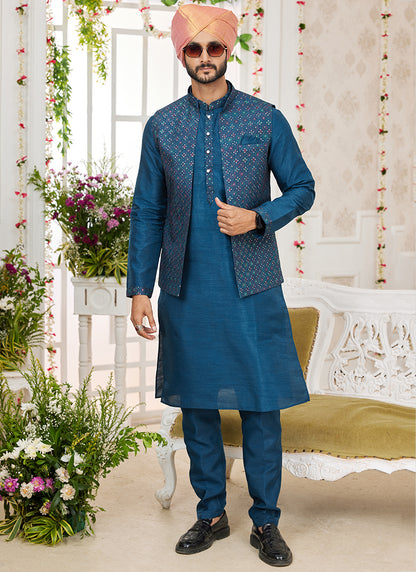 Art Banarasi Silk Blue Wedding Wear Pattern Work Readymade Indo Weartern Sherwani 357965