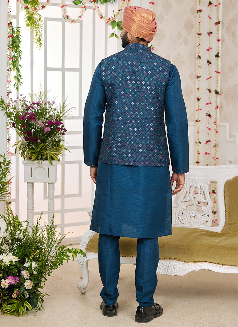Art Banarasi Silk Blue Wedding Wear Pattern Work Readymade Indo Weartern Sherwani 357965
