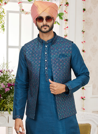 Art Banarasi Silk Blue Wedding Wear Pattern Work Readymade Indo Weartern Sherwani 357965