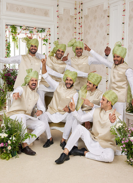 Art Banarasi Silk Cream Wedding Wear Pattern Work Readymade Indo Weartern Sherwani 357966