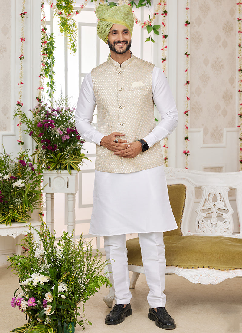 Art Banarasi Silk Cream Wedding Wear Pattern Work Readymade Indo Weartern Sherwani 357966