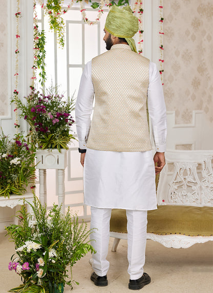 Art Banarasi Silk Cream Wedding Wear Pattern Work Readymade Indo Weartern Sherwani 357966