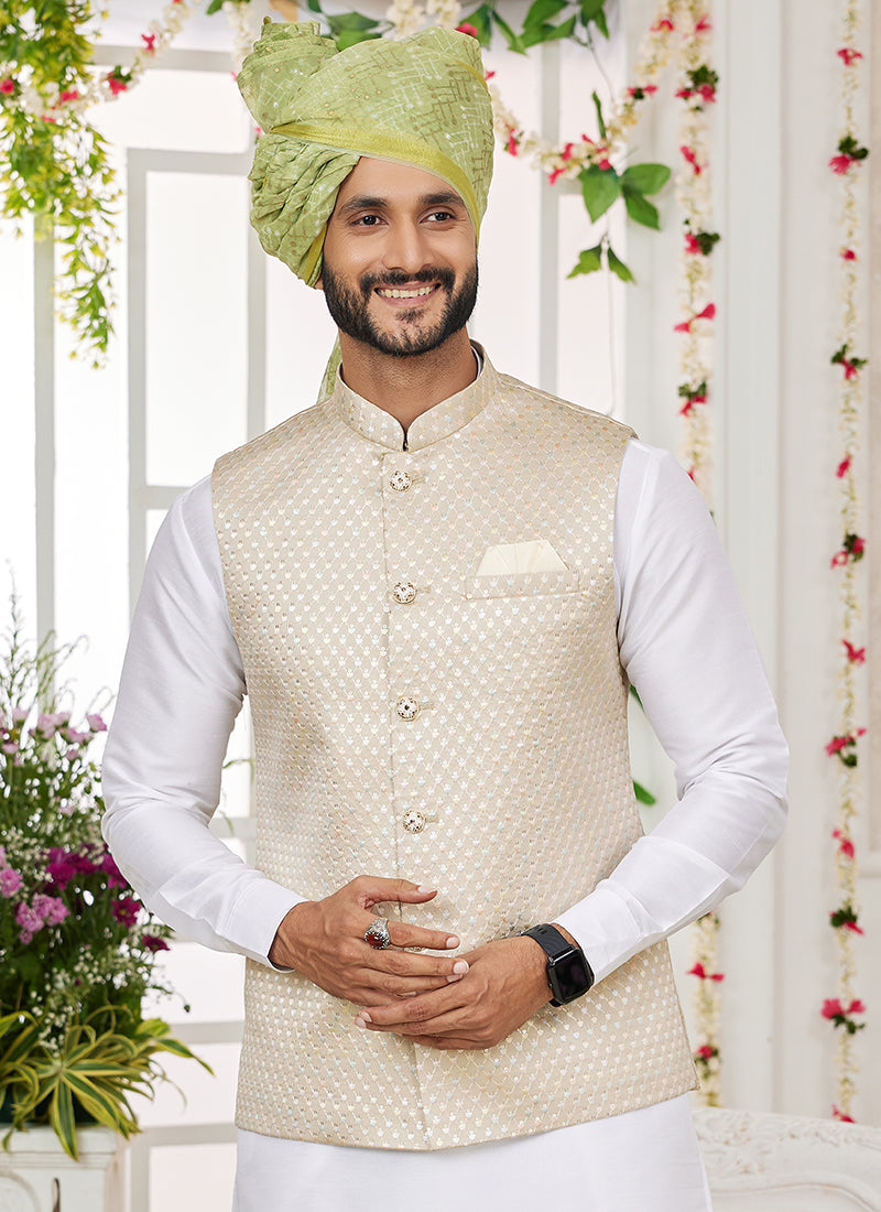 Art Banarasi Silk Cream Wedding Wear Pattern Work Readymade Indo Weartern Sherwani 357966