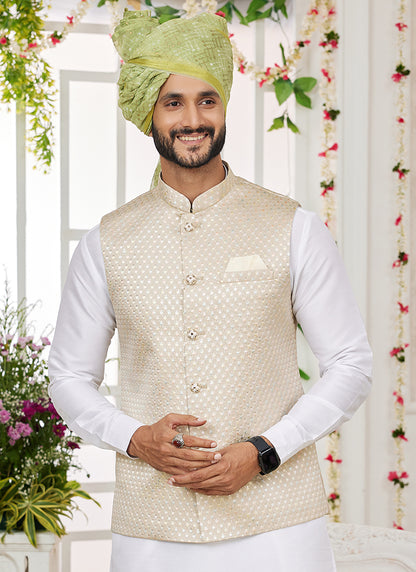 Art Banarasi Silk Cream Wedding Wear Pattern Work Readymade Indo Weartern Sherwani 357966