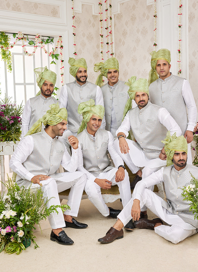 Art Banarasi Silk Gray Wedding Wear Pattern Work Readymade Indo Weartern Sherwani 357967