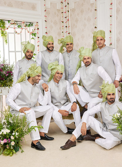 Art Banarasi Silk Gray Wedding Wear Pattern Work Readymade Indo Weartern Sherwani 357967