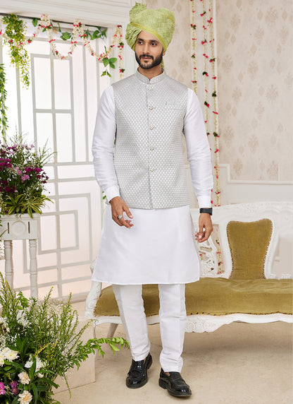Art Banarasi Silk Gray Wedding Wear Pattern Work Readymade Indo Weartern Sherwani 357967