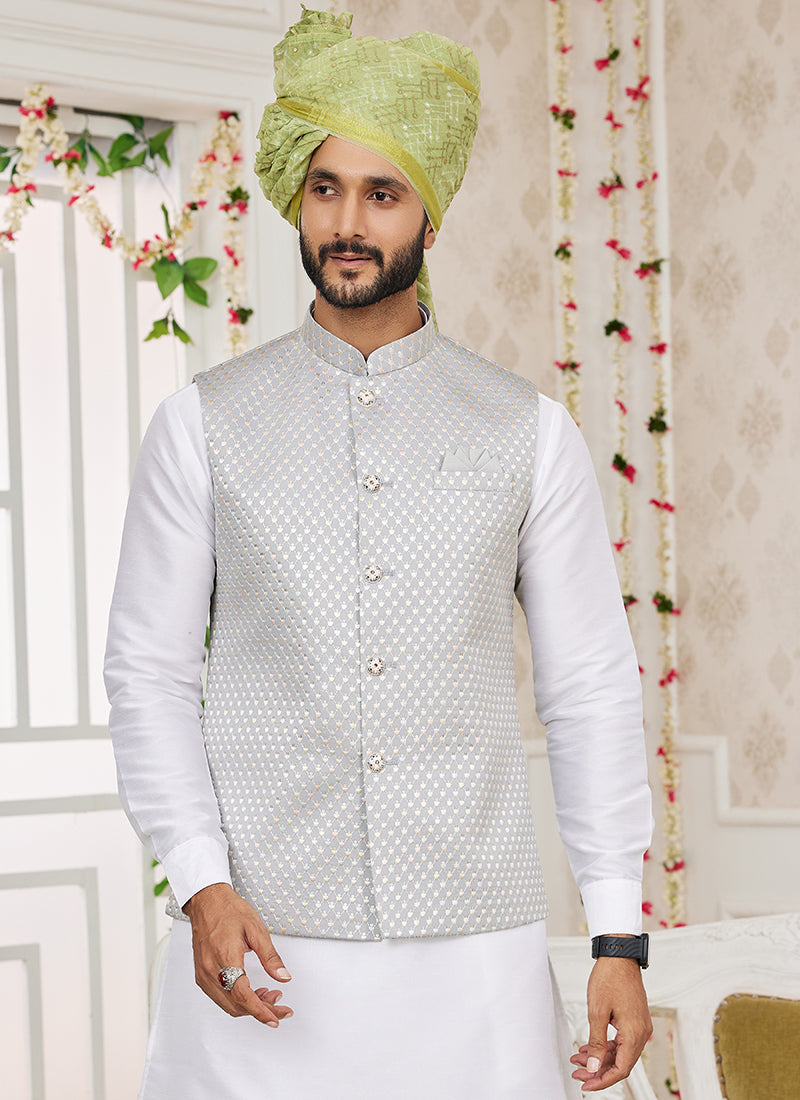 Art Banarasi Silk Gray Wedding Wear Pattern Work Readymade Indo Weartern Sherwani 357967