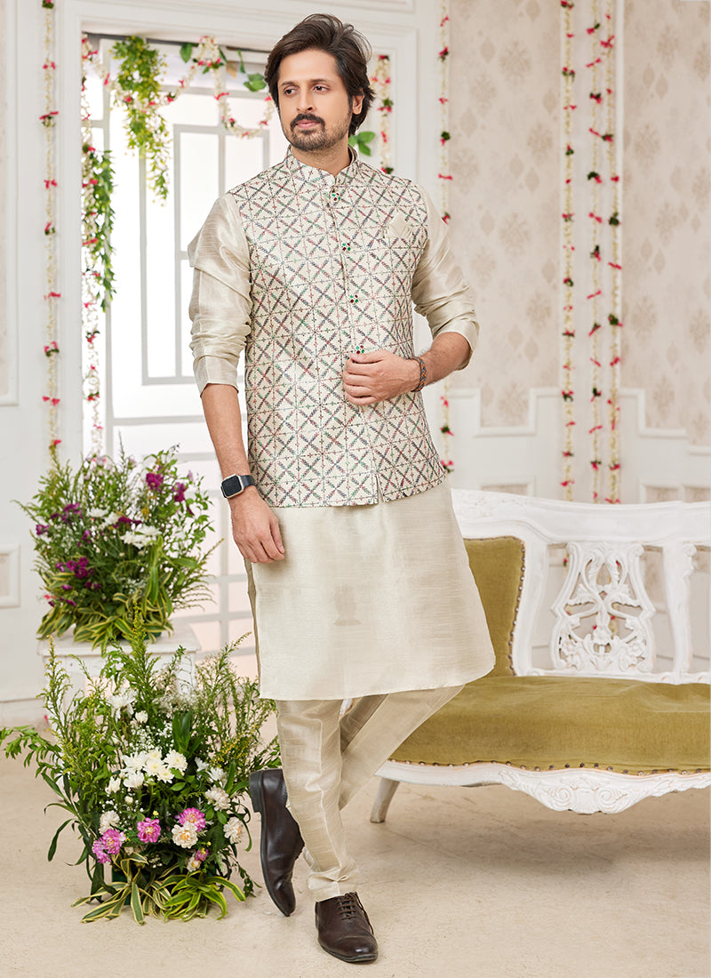 Art Banarasi Silk Off White Wedding Wear Pattern Work Readymade Indo Weartern Sherwani 357968