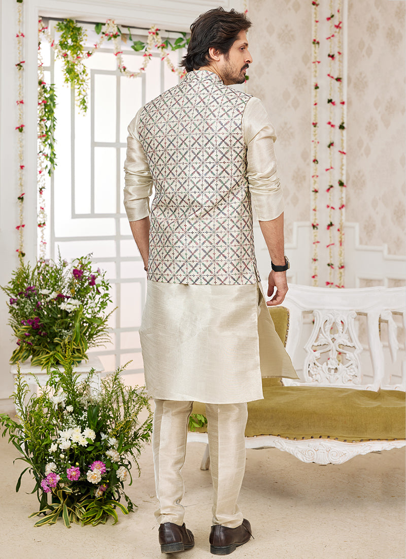 Art Banarasi Silk Off White Wedding Wear Pattern Work Readymade Indo Weartern Sherwani 357968