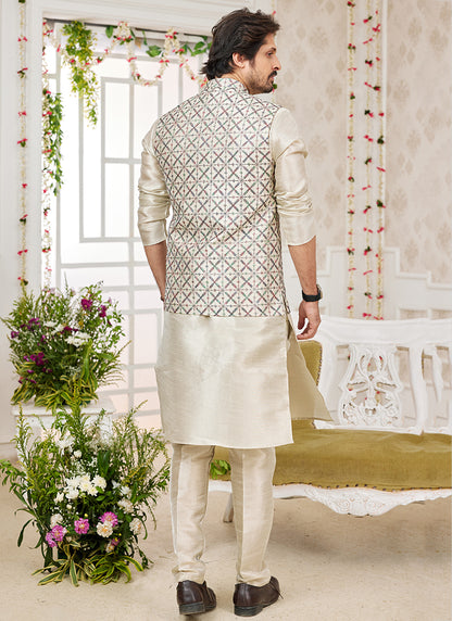 Art Banarasi Silk Off White Wedding Wear Pattern Work Readymade Indo Weartern Sherwani 357968