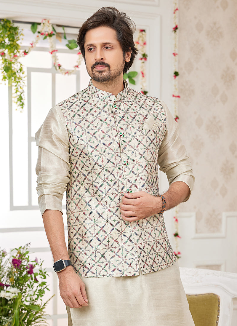 Art Banarasi Silk Off White Wedding Wear Pattern Work Readymade Indo Weartern Sherwani 357968