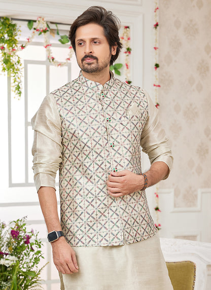 Art Banarasi Silk Off White Wedding Wear Pattern Work Readymade Indo Weartern Sherwani 357968