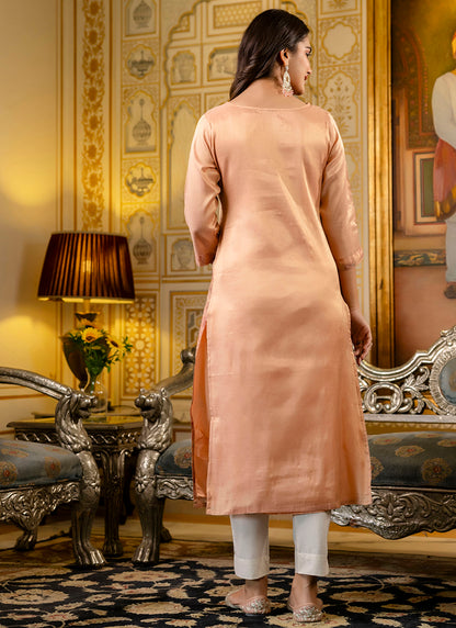 Silk Blend Peach Casual Wear Embroidery Work Readymade Kurti 381492
