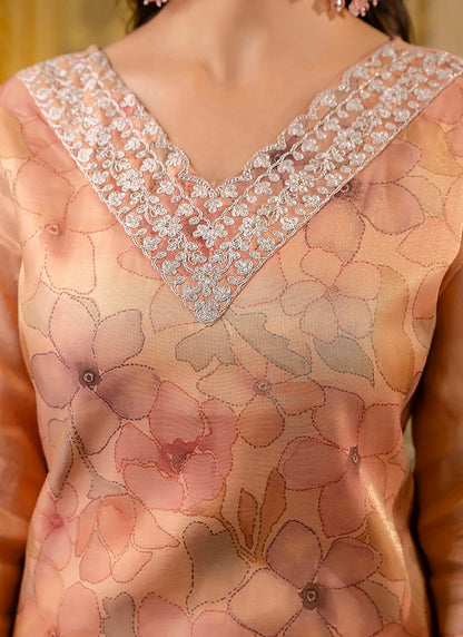 Silk Blend Peach Casual Wear Embroidery Work Readymade Kurti 381492