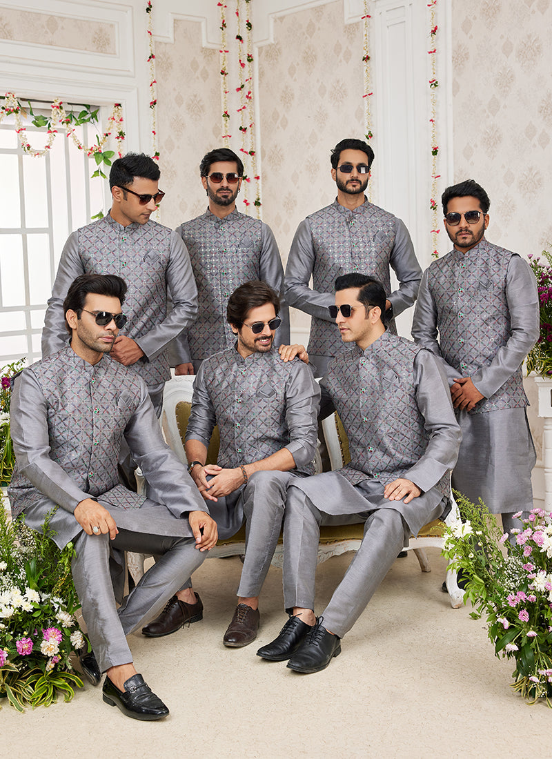 Art Banarasi Silk Dark Gray Wedding Wear Pattern Work Readymade Indo Weartern Sherwani 357969