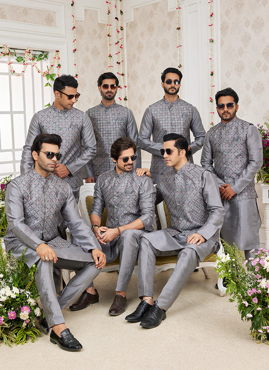 Art Banarasi Silk Dark Gray Wedding Wear Pattern Work Readymade Indo Weartern Sherwani 357969
