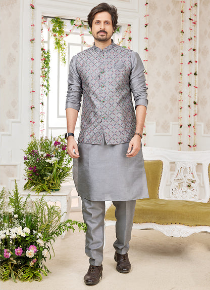 Art Banarasi Silk Dark Gray Wedding Wear Pattern Work Readymade Indo Weartern Sherwani 357969