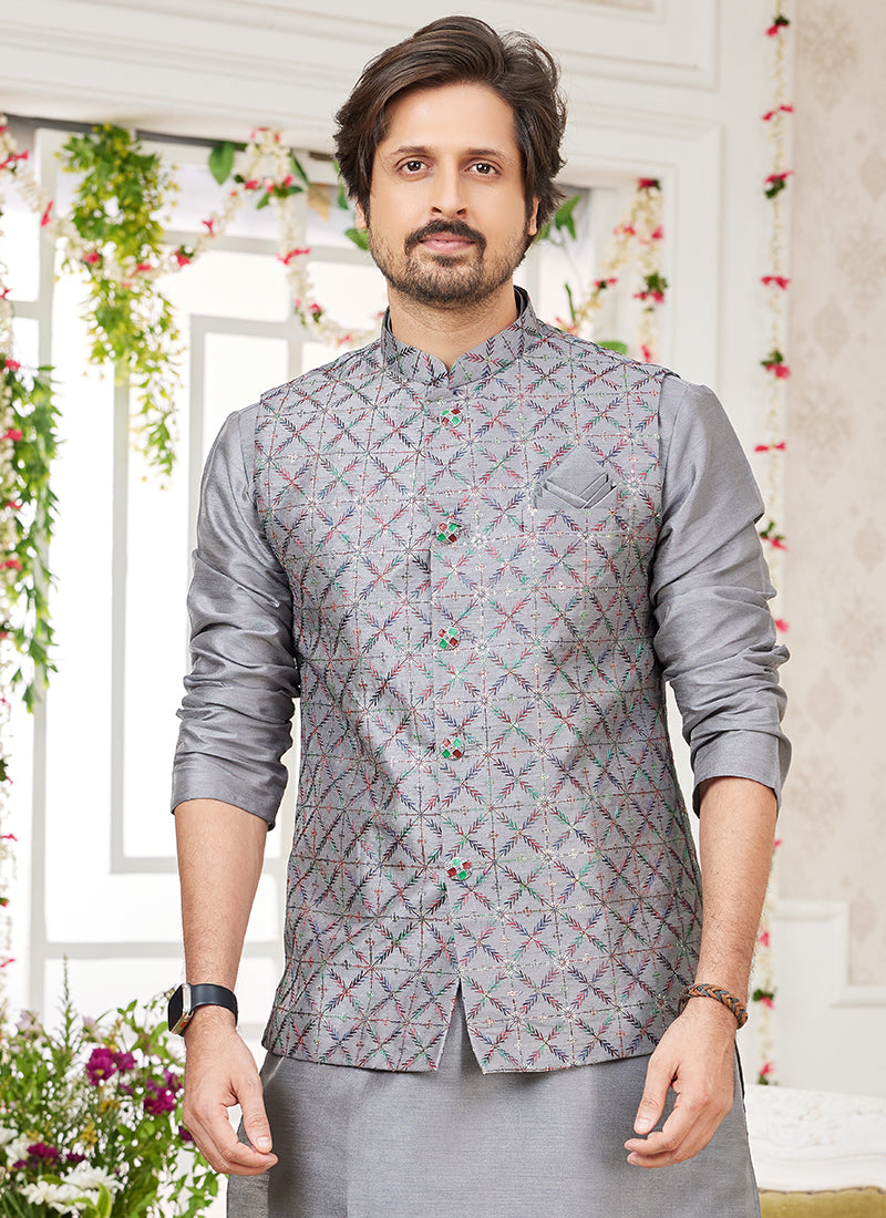 Art Banarasi Silk Dark Gray Wedding Wear Pattern Work Readymade Indo Weartern Sherwani 357969