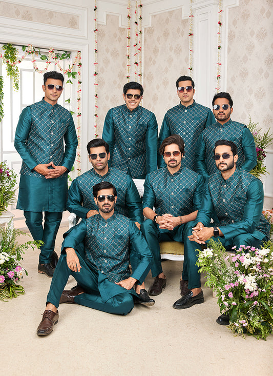 Art Banarasi Silk Morpeach Wedding Wear Pattern Work Readymade Indo Weartern Sherwani 357970