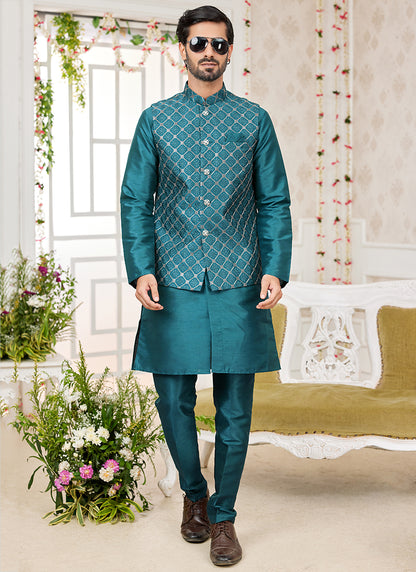Art Banarasi Silk Morpeach Wedding Wear Pattern Work Readymade Indo Weartern Sherwani 357970