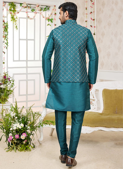 Art Banarasi Silk Morpeach Wedding Wear Pattern Work Readymade Indo Weartern Sherwani 357970