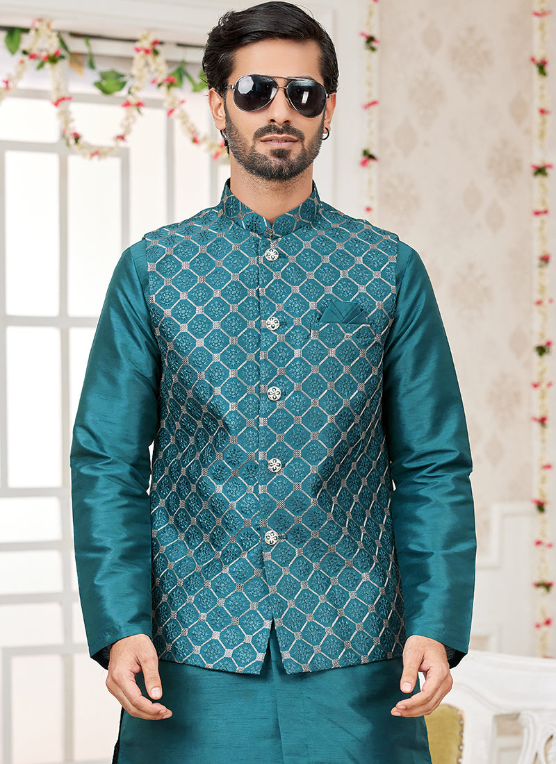 Art Banarasi Silk Morpeach Wedding Wear Pattern Work Readymade Indo Weartern Sherwani 357970