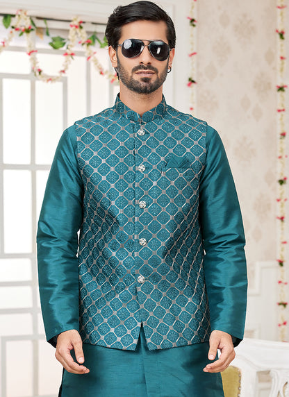 Art Banarasi Silk Morpeach Wedding Wear Pattern Work Readymade Indo Weartern Sherwani 357970