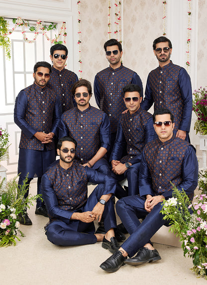 Art Banarasi Silk Navy Blue Wedding Wear Pattern Work Readymade Indo Weartern Sherwani 357971