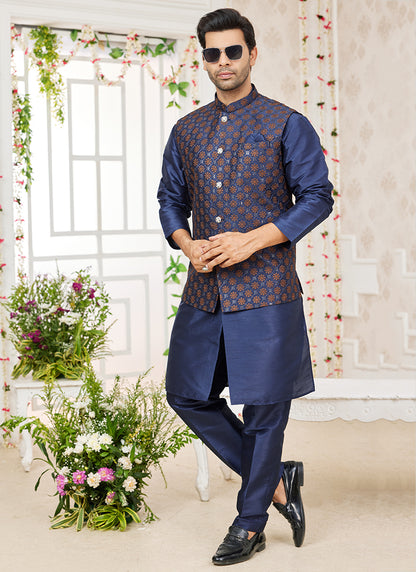Art Banarasi Silk Navy Blue Wedding Wear Pattern Work Readymade Indo Weartern Sherwani 357971
