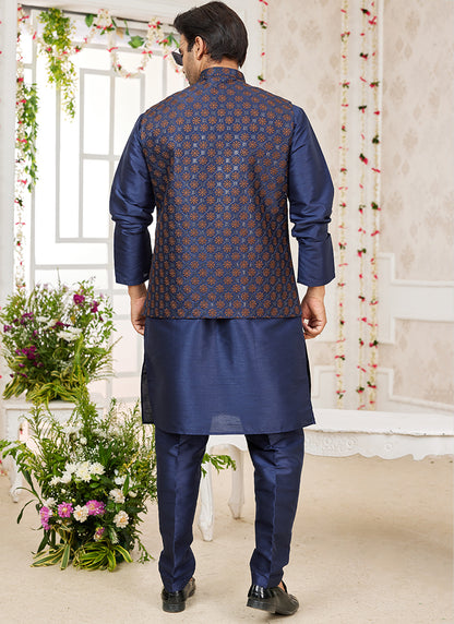 Art Banarasi Silk Navy Blue Wedding Wear Pattern Work Readymade Indo Weartern Sherwani 357971