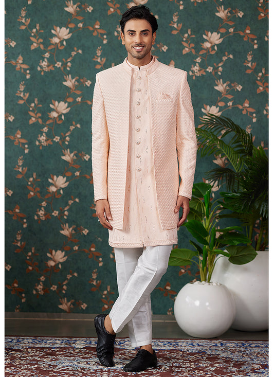 Art Silk Peach Groom Wear Thread Work Readymade Sherwani 364152