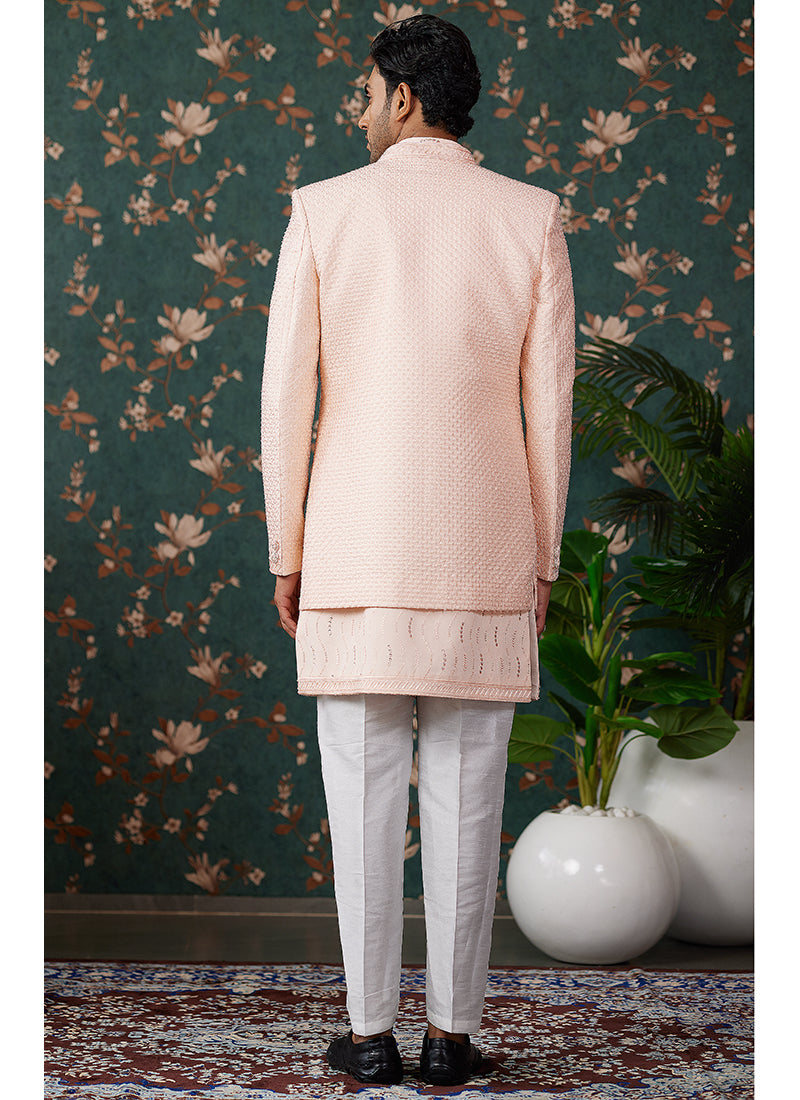 Art Silk Peach Groom Wear Thread Work Readymade Sherwani 364152