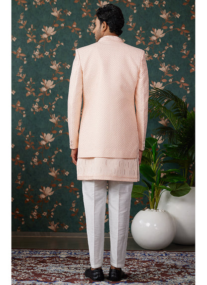 Art Silk Peach Groom Wear Thread Work Readymade Sherwani 364152