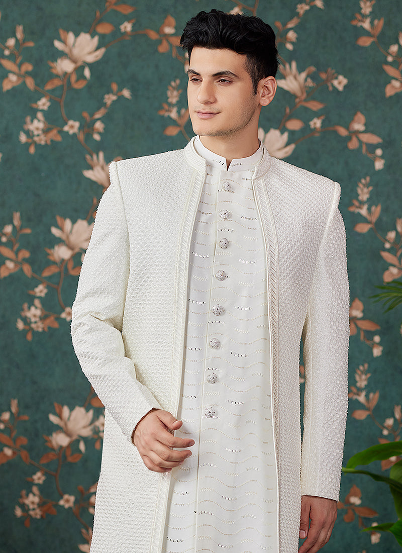 Art Silk Cream Groom Wear Thread Work Readymade Sherwani 364153