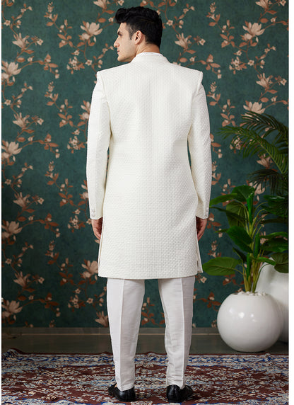 Art Silk Cream Groom Wear Thread Work Readymade Sherwani 364153