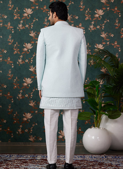 Art Silk Pista Green Groom Wear Thread Work Readymade Sherwani 364154